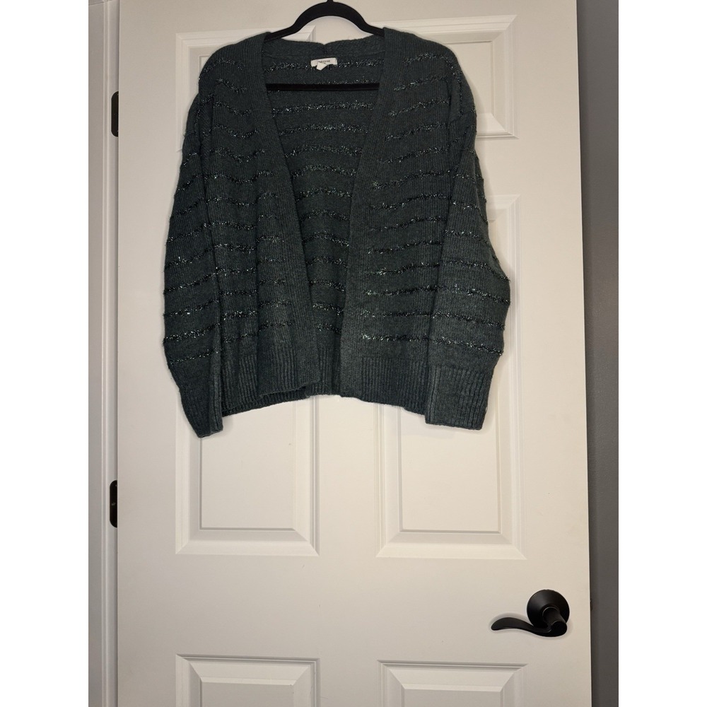 Maurices Open Front Cardigan Sweater Large Green W Metallic Tinsel Stripe Nwot